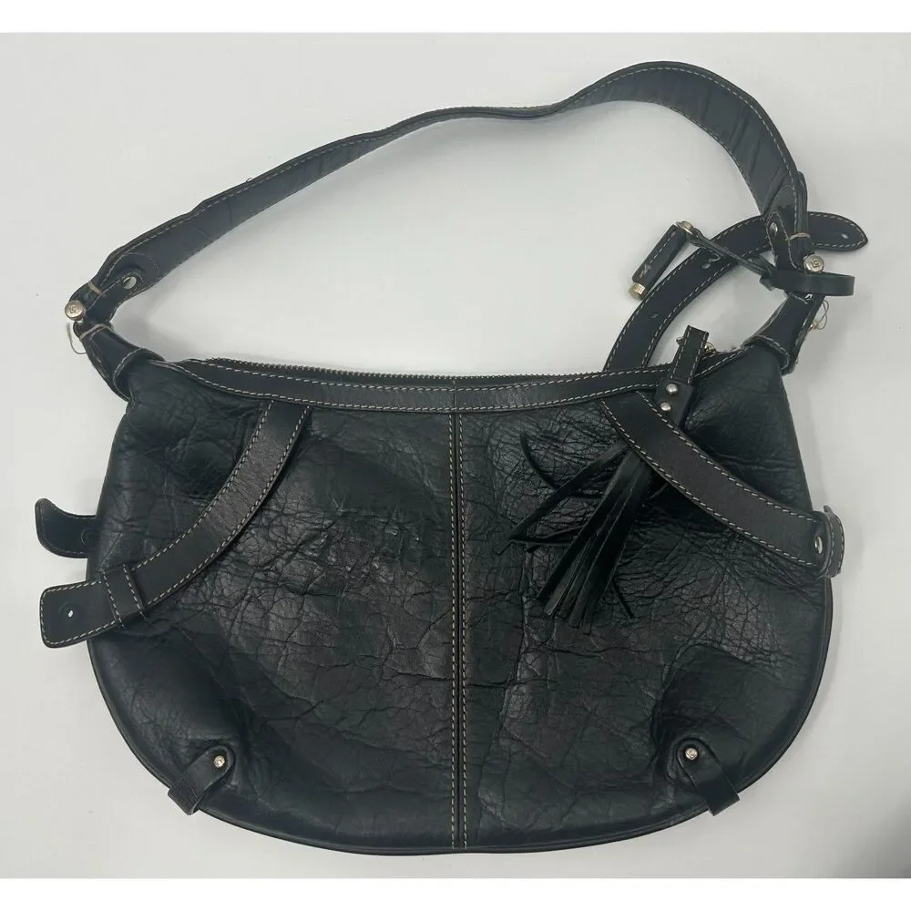 Liz Claiborne Vintage Black Crinkled Leather Shoulder Bag with Tassel Y2K